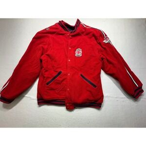 Vintage Akademiks Varsity Jacket XXL Mens Red Snap Front Stitched Wool Blend Y2K